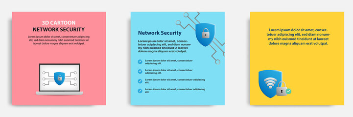 Social media tutorial, tips post banner layout template in 3D cartoon style. Network security concept. Vector design illustration