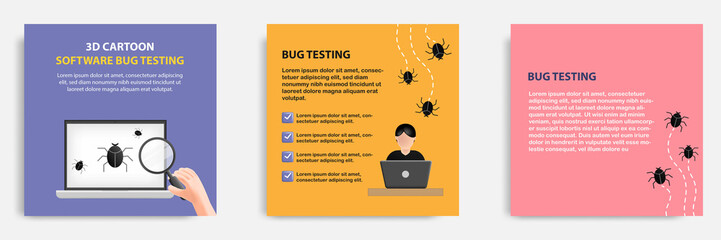 Social media tutorial, tips post banner layout template in 3D cartoon style. Software bug testing concept.Vector design illustration