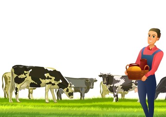 Wall Mural - boy farmer with basket. cows are grazing. rural landscape hills. green pasture grass. summer view. f