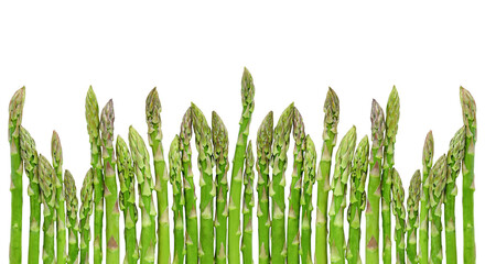 Wall Mural - Row of green asparagus isolated on white background. Copy space