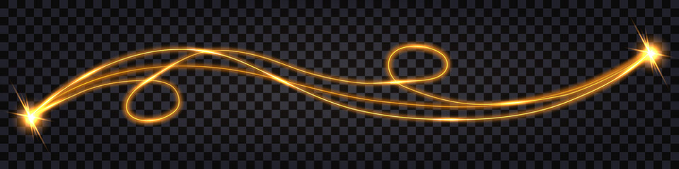 Wall Mural - Electric swirl wave,  glowing light effect and thunder bolt.golden yellow laser beam.  Impulse discharge shock, isolated cable, cyber technology. Vector illustration