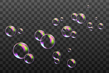 Set Of Transparent Soap Bubbles On Checkered Background.Reaistic Colored Balls.Vector Texture.