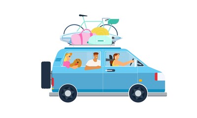 Wall Mural - People, friends or family with a dog going on road trip in a car with luggage on the roof, summer vacations concept. Flat vector illustration isolated on white background