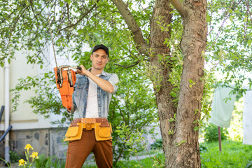 Wall Mural - a man with a chainsaw. removes plantings in the garden from old trees, harvests firewood.