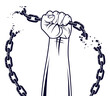 Slavery theme illustration with strong hand clenched fist fighting for freedom against chain, vector logo or tattoo, getting free, struggle for liberty.