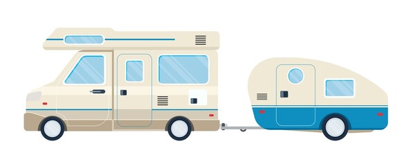 Wall Mural - Camper car, bus, travel house with trailer. Flat vector illustration isolated on white background