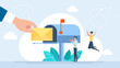 © Yurii - Mailbox with letter in envelope. Letterbox. Business correspondence, subscription. Inbox mail and mailbox. Tiny people are happy to receive the letter. Open post box. Flat design. Vector illustration