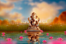 Golden Lord Ganesha Sculpture Over White Background. Celebrate Lord Ganesha Festival.