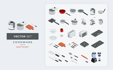 Isometric 3d cookware set vector illustration fully editable eps 10.