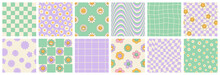 Groovy Seamless Patterns With Funny Happy Daisy, Wave, Chess, Mesh, Rainbow. Set Of Vector Backgrounds In Trendy Retro Trippy Y2k Style. Lilac And Green Colors. Fun Hippie Texture For Surface Design.