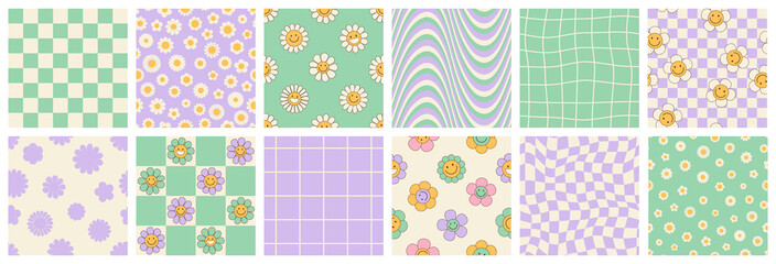 Wall Mural - groovy seamless patterns with funny happy daisy, wave, chess, mesh, rainbow. set of vector backgroun