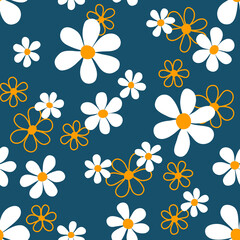 Wall Mural - vector daisy flowers seamless pattern blue yellow chamomile wallpaper vintage design