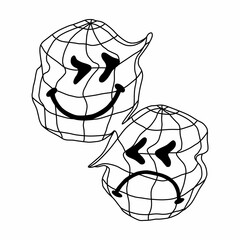 stylized image of two planets with happy and sad face.drawing in a linear style.vector illustration.black elements on a white background.modern typography design perfect for tattoo,poster,t shirt,etc