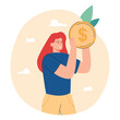 Tiny woman holding big dollar gold coin in hands. Happy girl receiving cash money flat vector illustration. Salary, compensation, cashback concept for banner, website design or landing web page