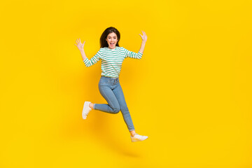 Canvas Print - Full size photo of good mood cheerful lady traveling during summer vacation have fun isolated on yellow color background