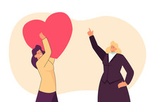 Businesswoman Pointing At Red Heart In Hands Of Volunteer. Tiny Girl Holding Symbol Of Care And Volunteering Flat Vector Illustration. CSR Concept For Banner, Website Design Or Landing Web Page