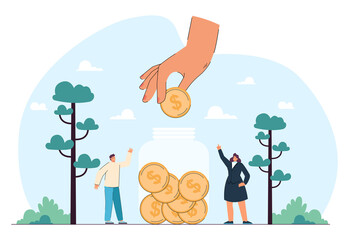 Wall Mural - Hand giving dollar coin to glass jar. Donation and financial assistance for tiny man and woman flat vector illustration. Charity, finance, help concept for banner, website design or landing web page