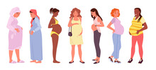Wide Set Of Various Pregnant Women. Pregnancy Period, Motherhood Care, Prenatal Healthcare, Expecting A Baby, Creating Family Generation, Woman Touches Belly Vector Illustration