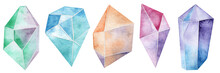 Watercolor Set Of Multicolored Crystals Isolated On White Background. Gems. Diamonds. Stones.