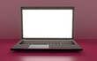 © adobedesigner - Laptop with blank screen isolated on red background, white aluminium body. Whole in focus. High detailed. 3d illustration.