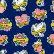 © Анастасия Маленко - Vector seamless pattern with old school drawings. Hearts, a dove, a glass, a bottle and flowers in ribbons with inscriptions. Heart with the sign of infinity. Print for printing on fabric and paper.