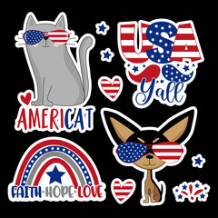 Wall Mural - Happy 4th of July - hand drawn funny sticker set.