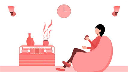 Women drinking coffee on recliner or bean bag vector illustration on living room interior background