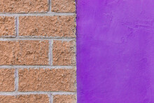 Concrete Surface Cement Blank Painted In Purple Wall And Brown Brickwork Texture Abstract Facade Design Exterior Background