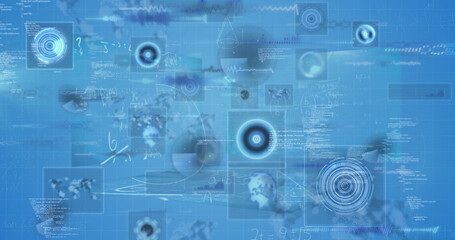 Image of mathematical equations and data processing on blue background