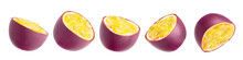 Passion Fruit. Pieces Of Flying Fruit. Purple Fruits With Yellow Seeds Flying In The Air Isolated On White Background.