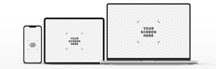 Modern laptop mockup front view and high quality smartphone and tablet mockup isolated on white background. Notebook mockup and phone device mockup for ui ux app and website presentation.Stock Vector.