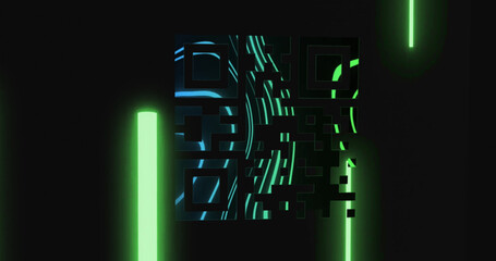 Image of black qr code with neon shapes over black background