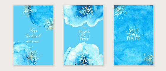 Wall Mural - Set of vertical backgrounds. Blue watercolor fluid painting vector design. Dusty pastel, neutral and golden marble. Dye elegant soft splash style. Alcohol ink imitation. Wedding cards.
