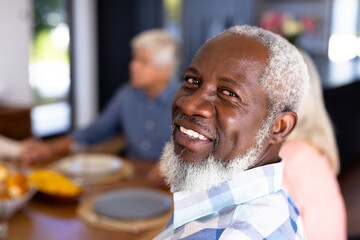 Close-up portrait of african american senior man with multiracial friends sitting at dining table