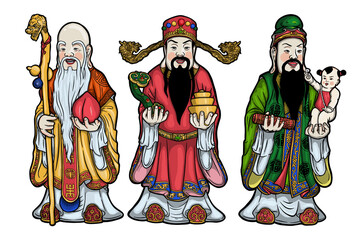 Three Chinese lucky gods, Fu Lu Shou. (Hock Lok Siew) isolate on white