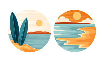 Sunset and on beach set. Tropical summer landscape with surfboards on seaside in circle vector illustration