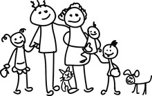 Cartoon Stick Man Drawing Illustration Of Happy Family Of Father, Mother, Son And Daughter, Stick Family Illustration.