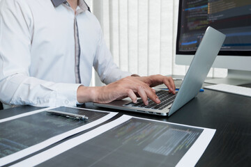 Programmer, Man working with computer programming, professional development, and coding technology, working on high-quality visual software development websites