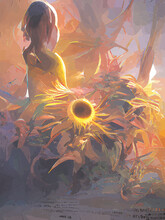 Painting Of Yellow Sunflower With Yellow Grey Background