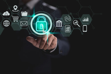 Leinwandbilder - Cybersecurity and privacy to safeguard data. Lock symbol and network security technologies for the internet. With virtual screen interfaces, a businessman safeguards confidential information.