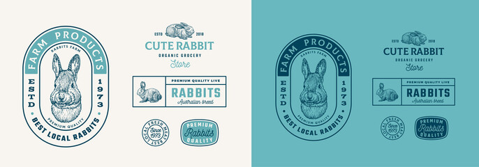 Wall Mural - Rabbits Farm Retro Framed Badges or Logo Templates Collection. Hand Drawn Hare Face and Animals Sketches with Retro Typography. Vintage Sketch Emblems Set Isolated