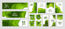 Set of 14 Earth Day abstract graphic organic paper cut shapes. Dynamical waves, fluid. Green banners with flowing lines. Template for banners, flyers or presentation eco typography.