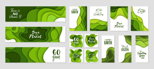 set of 14 earth day abstract graphic organic paper cut shapes. dynamical waves, fluid. green banners