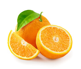 Wall Mural - Tasty orange with half of orange and orange slice isolated on white background.