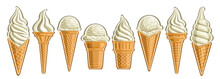 Vector Ice Cream Set, Banner With Lot Collection Of Cut Out Different Illustrations Of Group American Scoop Ball Ice Creams In Waffle Cone And Vanilla Soft Serve Icecreams In A Row On White Background