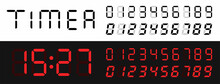 Digital Led Numbers Set. Electronic Clock. Red Digital Clock. Digital Display Font. Clock And Numbers. Screen Symbols Vector Set. Vector Illustration.