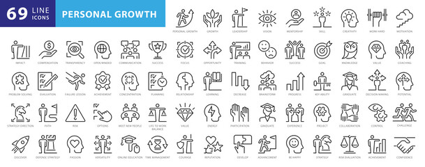 Vector set thin icons related to career progress, coaching, business people training, tutorship and professional consulting service. Mono line pictograms and infographics design elements