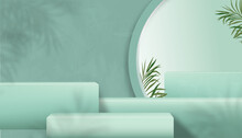 Studio Room Background With 3D Podium Display, Palm Leaf Shadow On Green Jade Wall,Vector Illustration Backdrop Banner Stand Cube Mockup,Minimal Style For Beauty, Cosmetic,Spa Product Presentation