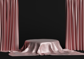 3d round product podium display covered with pink color fabric drapery folds isolated on black background rendering