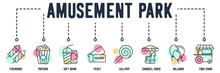 Amusement Park Web Icon. Fireworks, Popcorn, Soft Drink, Ticket, Lollipop, Carousel Horse, Balloons, Street Food Stand Vector Illustration Concept.